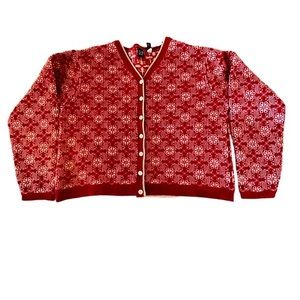 GAP Lambswool Red Cream Snowflakes Long‎ Sleeve Cardigan Size XL